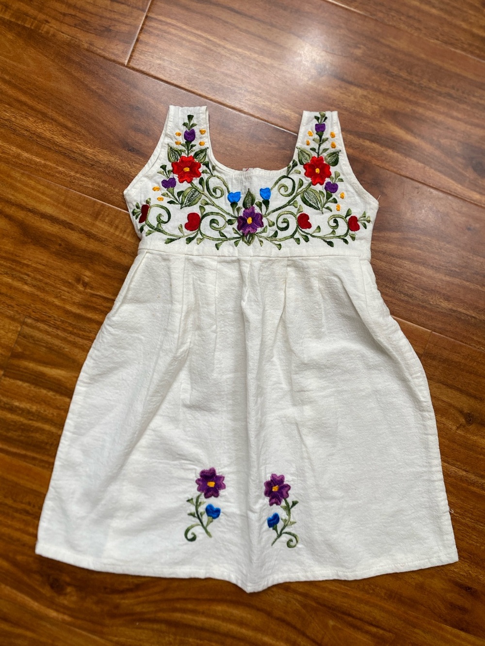 Girls Cream Mexican Floral Embroidered Back Tie Dress Size 2 Cottagecore Coastal